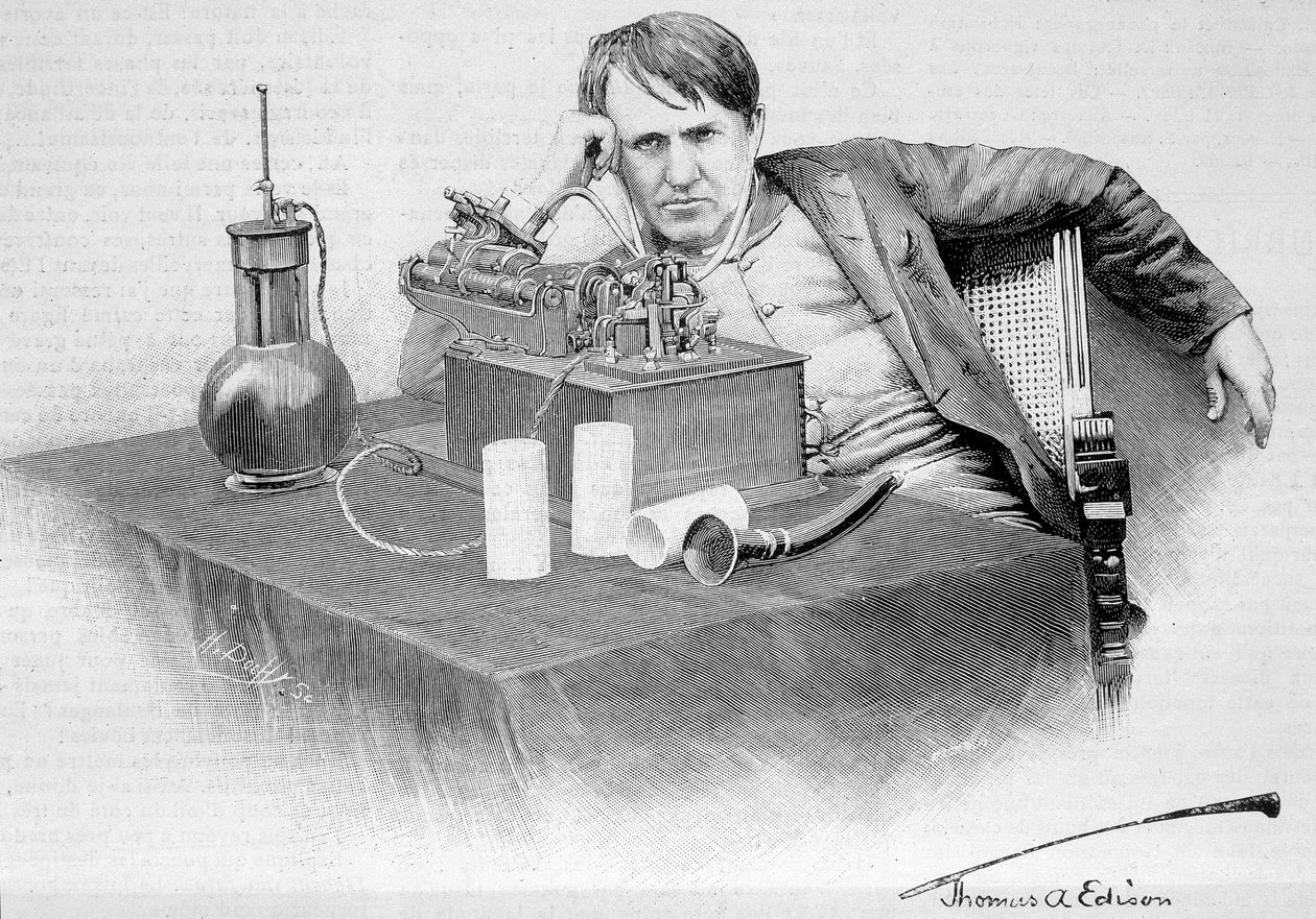 Thomas Edison y su fonógrafo - en “Le Monde Illustré” del 17/08/1884 de French School