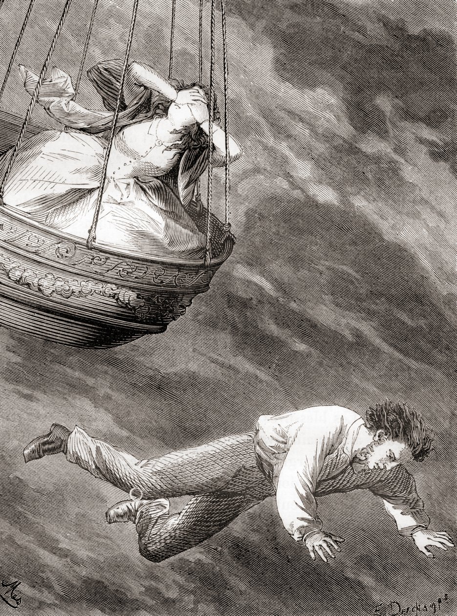 Thomas Harris, científico e inventor londinense y teniente y pionero aeronauta inglés que cayó a su muerte desde un globo aerostático el 25 de mayo de 1824, de Les Merveilles de la Science, publicado c.1870 de French School
