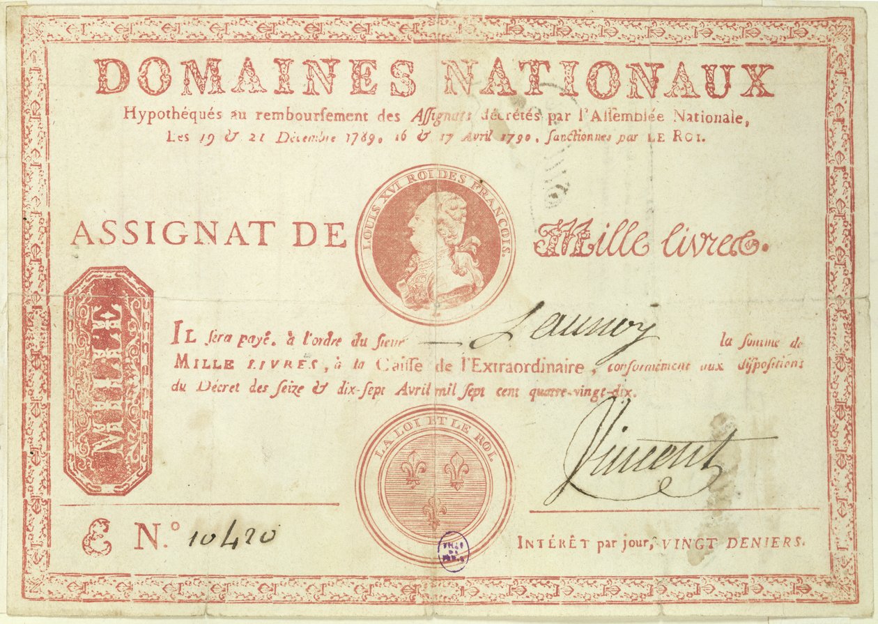 Billete de mil libras con una imagen de Luis XVI (1754-93) 1790 de French School