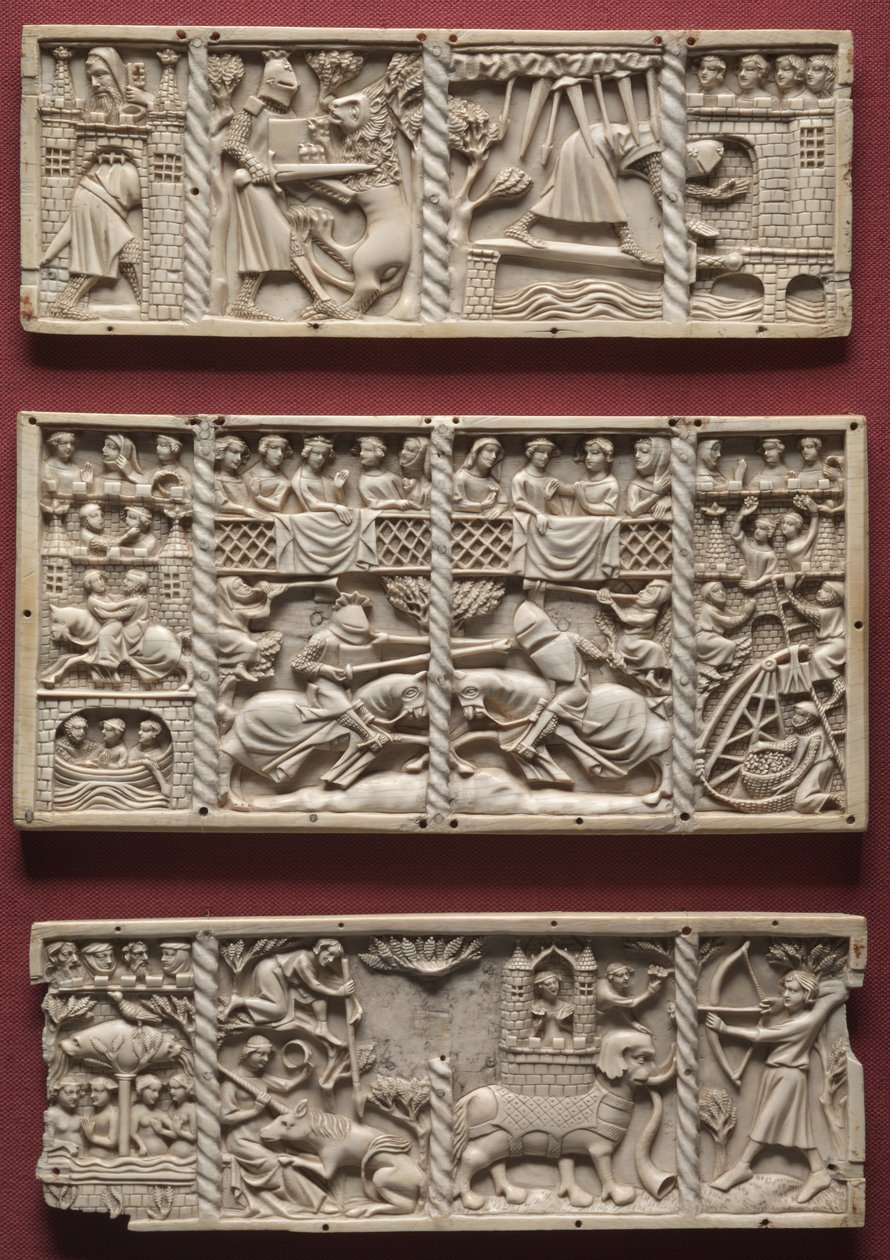 Tres paneles de un cofre con escenas de romances cortesanos, c.1330-1350 de French School