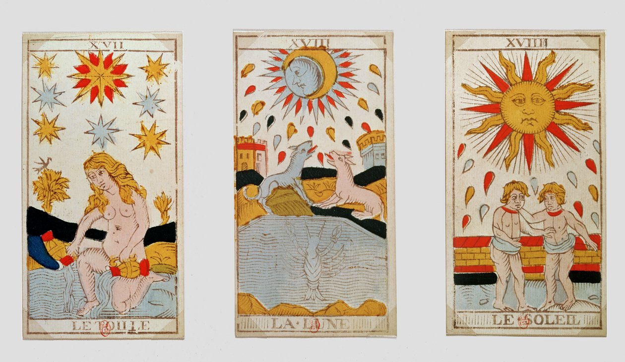 Tres cartas del tarot que representan La Estrella, La Luna y El Sol de French School