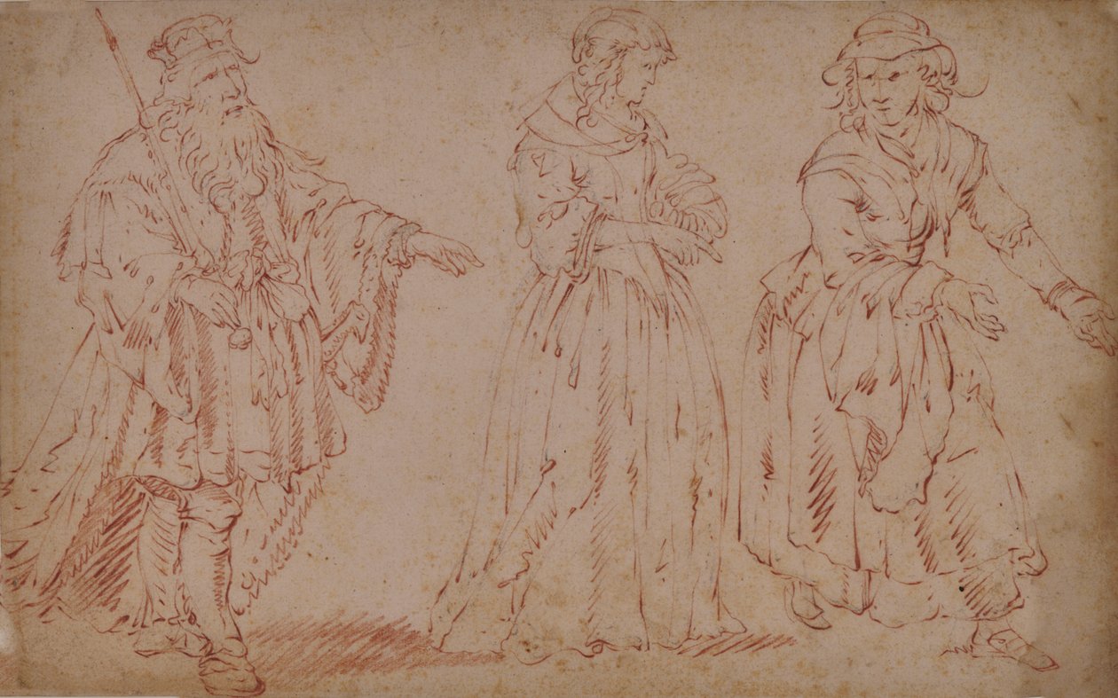 Tres figuras teatrales: El Rey Lear, Cordelia y la Doncella de French School