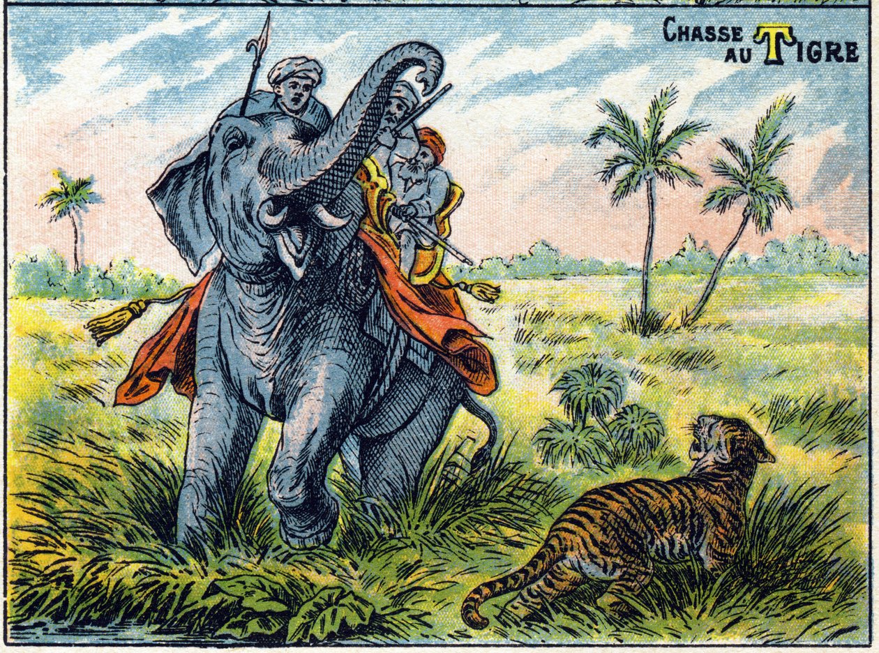 Escena de caza de tigres en la espalda de un elefante. Alfabeto silábico de caza. Imágenes de Epinal de French School
