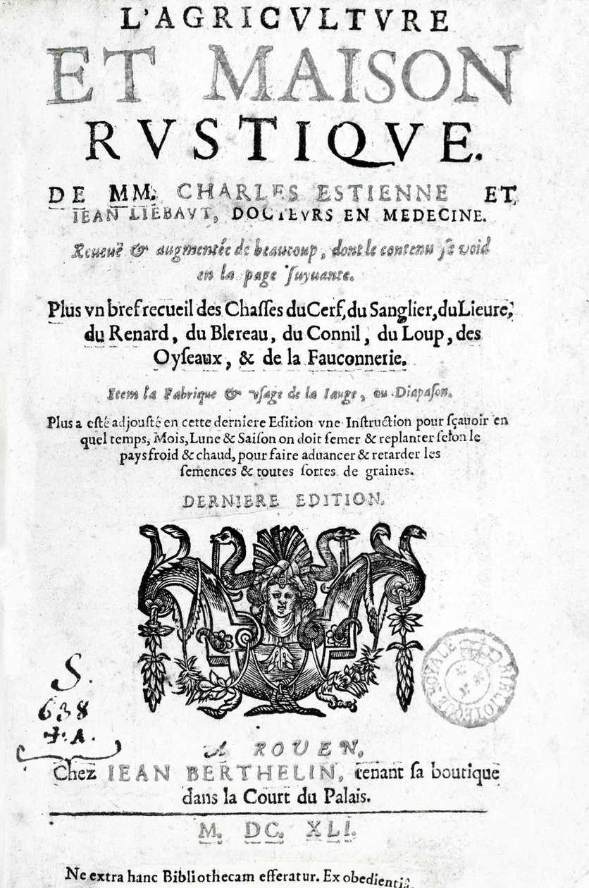 Página de título de LAgriculture et Maison Rustique, por Charles Estienne, edición publicada en 1641 de French School
