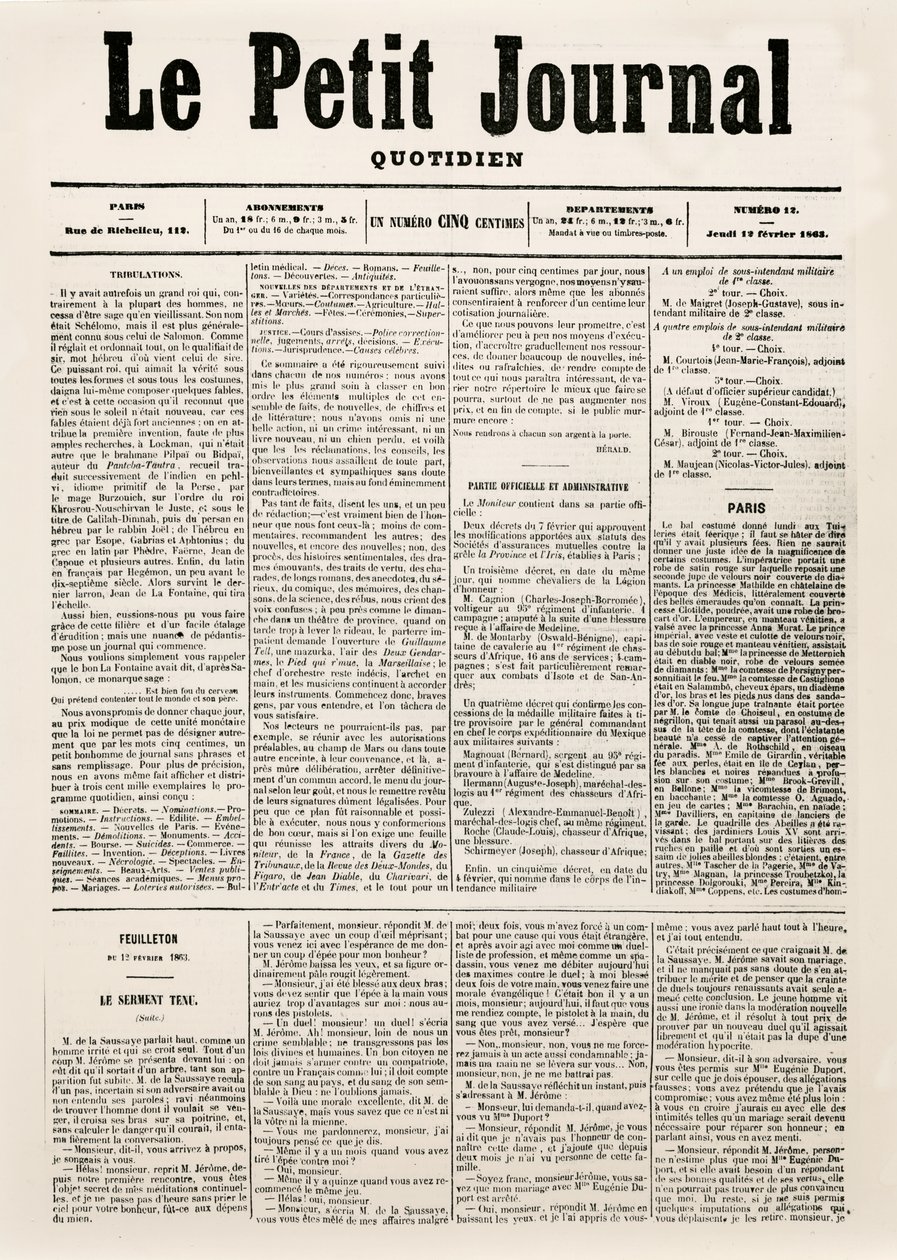 Portada del diario Le Petit Journal, 12 de febrero de 1863 de French School