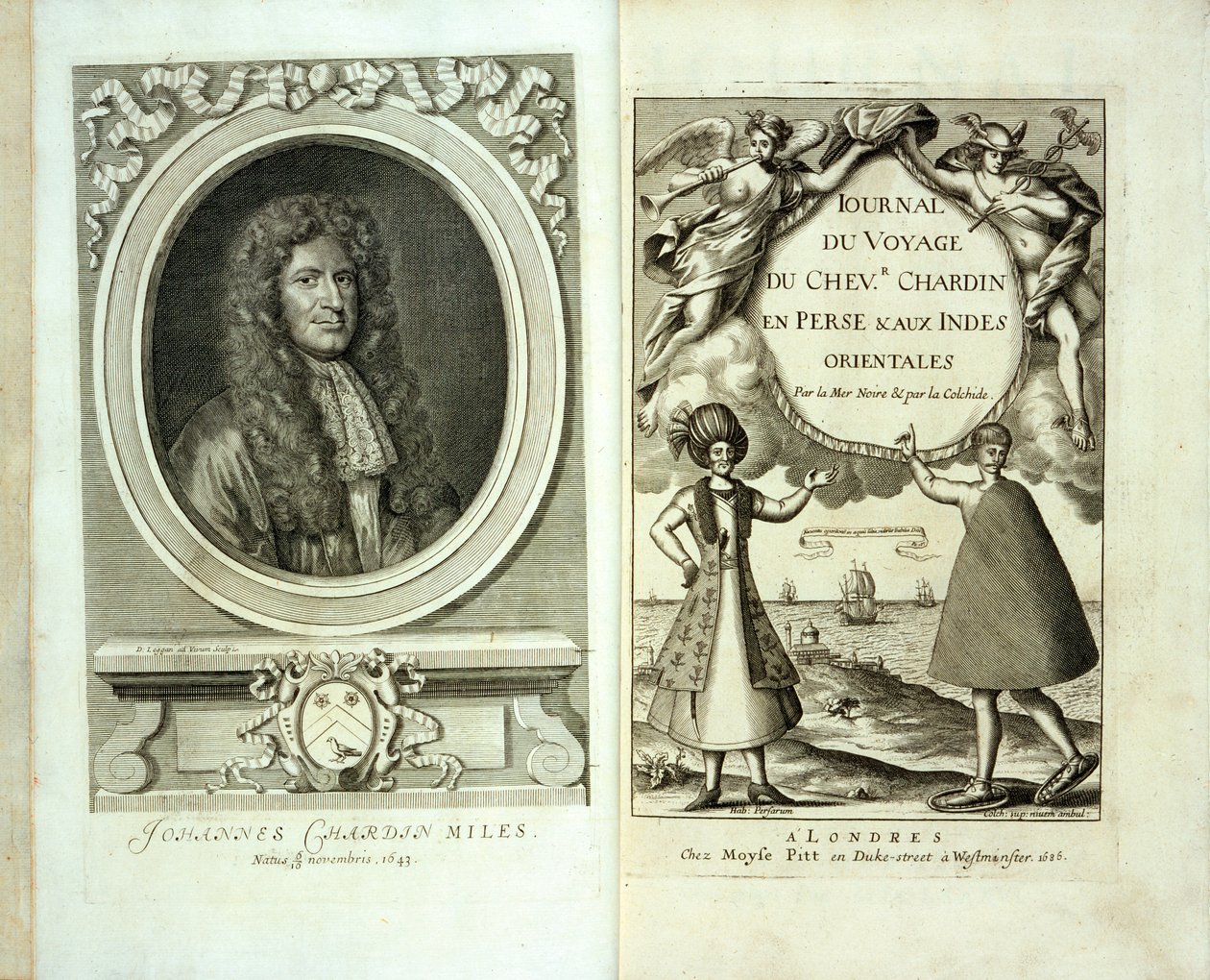 Página de título y retrato de portada de Journal du Voyage de Chevalier Chardin en Perse et aux Indes Orientales por Jean Chevalier Chardin, 1686 de French School