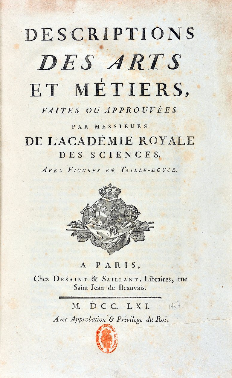 Página de título de "Descriptions of Arts and Metiers made or approved by gentlemen of the Royal Academy of Sciences". 1761 de French School