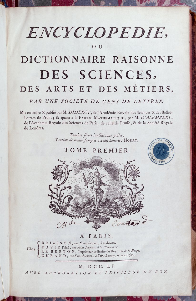Página de título de la Enciclopedia por Denis Diderot (1713-84), publicada en París en 1751 de French School