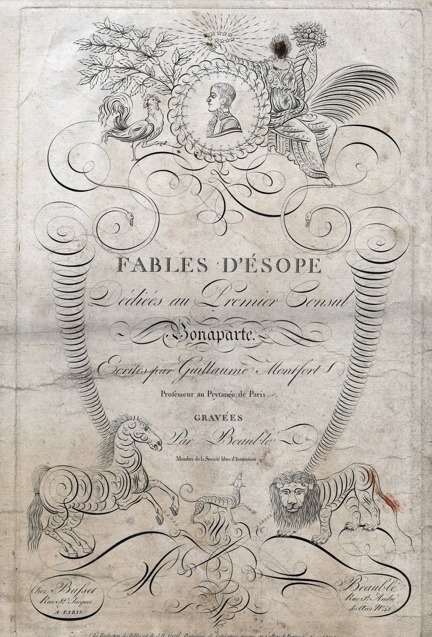 Página de título de “Fábulas de Esopo”. (Escritor griego Esopo, siglo VI a.C.) dedicado al primer Cónsul Bonaparte, escrito por Guillaume Montfort y grabado por Beauble en 1801. de French School