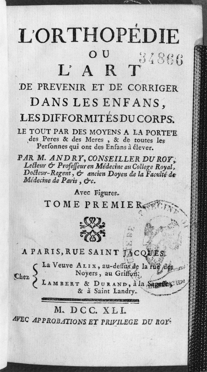 Página de título de La Ortopedia o el Arte de Prevenir y Corregir en los Niños las Deformidades del Cuerpo por Nicholas Andry (1658-1759) 1741 de French School