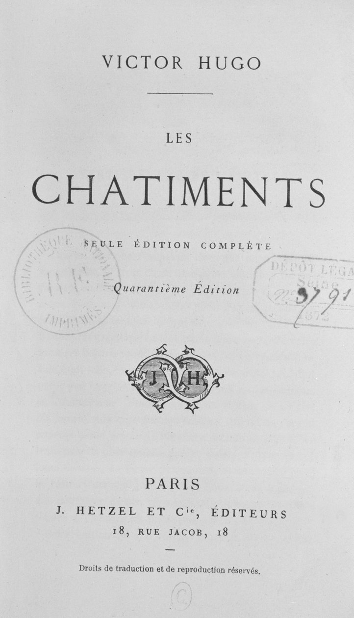 Portada de Los Castigos, por Victor Hugo, 40ª edición publicada por J. Hetzel, 1872 de French School