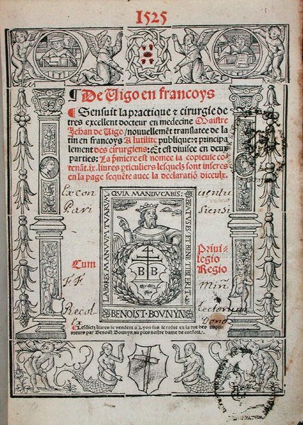 Portada de un libro de cirugía de Jean de Vigo (1460-1525) 1525 de French School