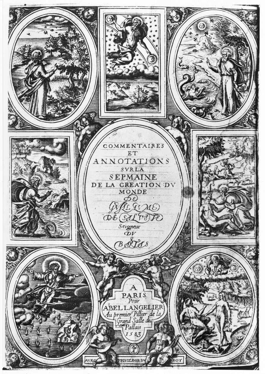 Portada de Commentaires et Annotations sur la Semaine de la Creation du Monde por Guillaume Salluste du Bartas (1544-90) 1583 de French School