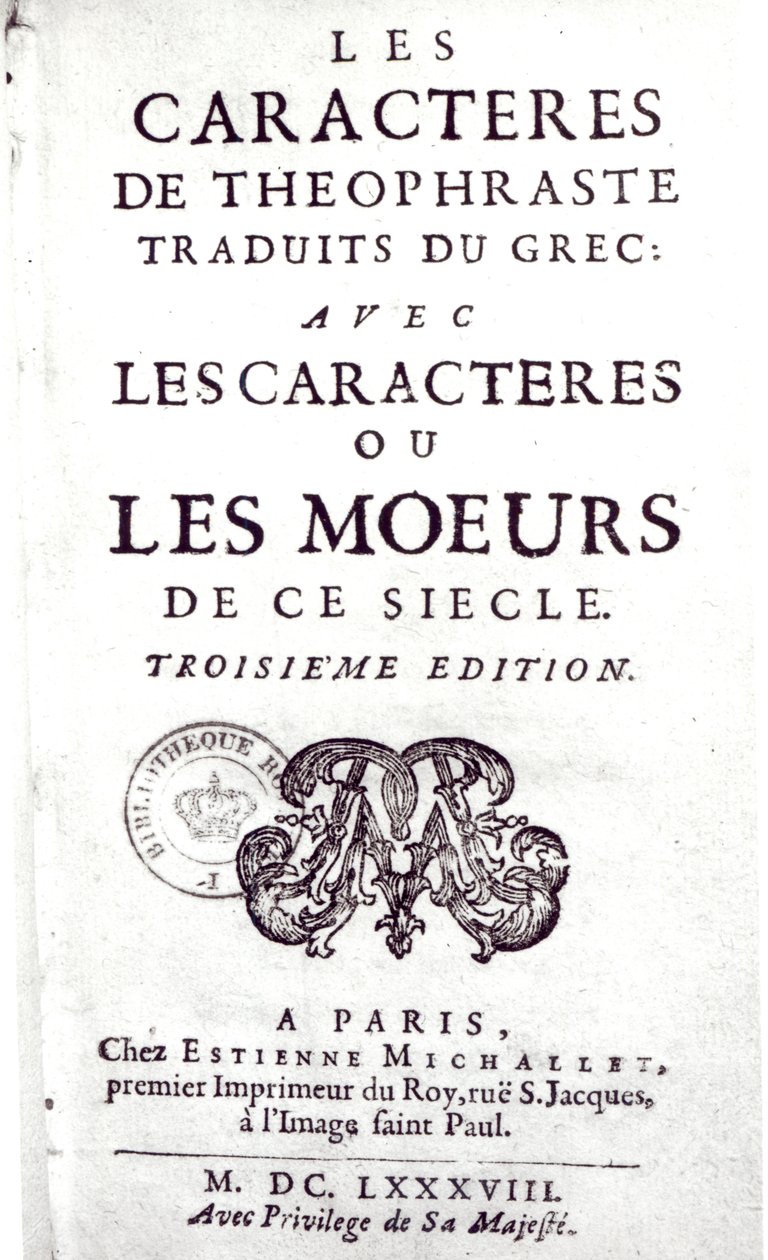Portada de Les Caracteres de Theophraste traduits du grec, avec Les Caracteres ou les moeurs de ce siecle por La Bruyere (1645-96) 1688 de French School