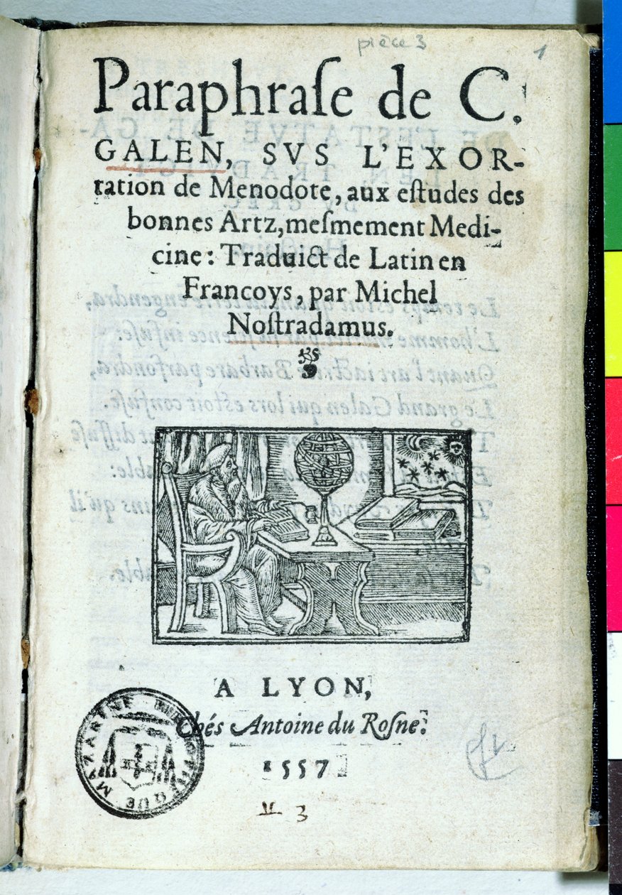 Portada de Paraphrase de C. Galien por Michel de Nostradame (Nostradamus), 1557 de French School
