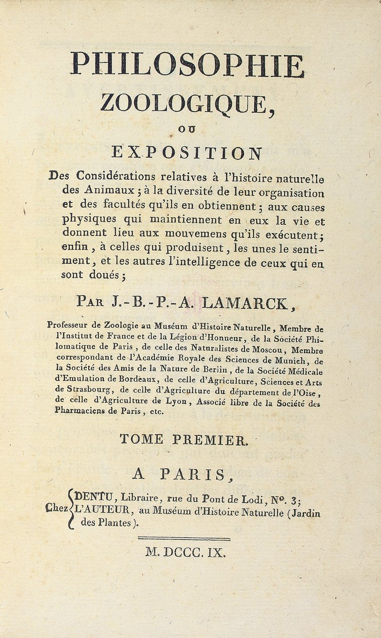 Portada de "Philosophie Zoologique" de Jean-Baptiste Lamarck, publicada en París, 1809 de French School