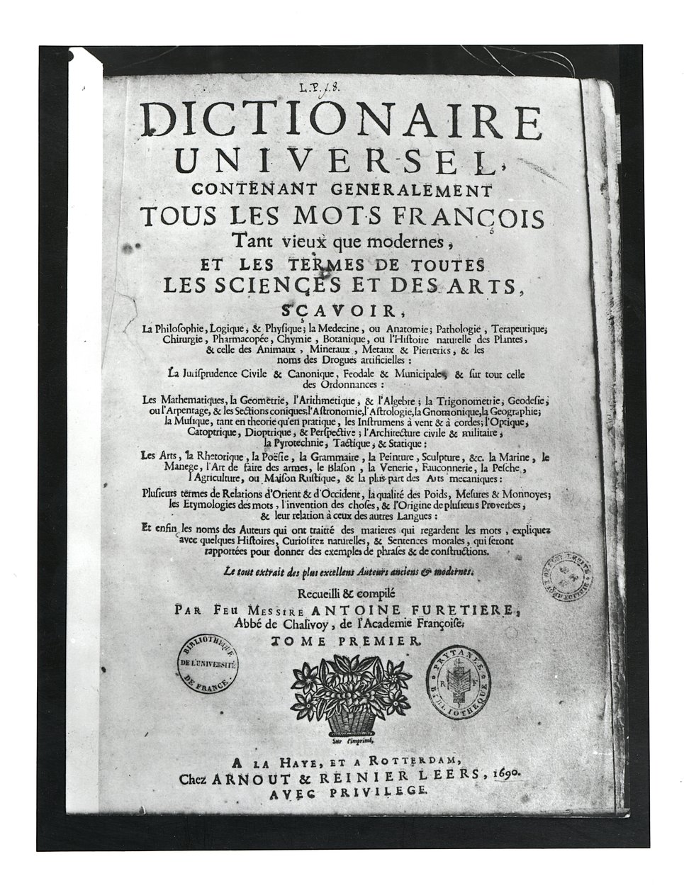 Portada del Dictionnaire Universel de Antoine Furetiere (1619-88) 1690 de French School