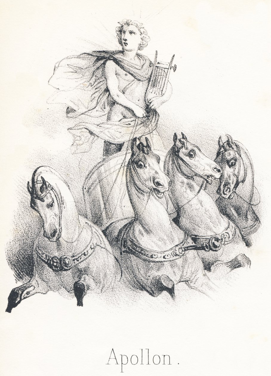 A Apolo: Este Dios era hijo de Júpiter y Latona llamado Febo en el cielo cuando conducía el carro del sol arrastrado por cuatro caballos de French School