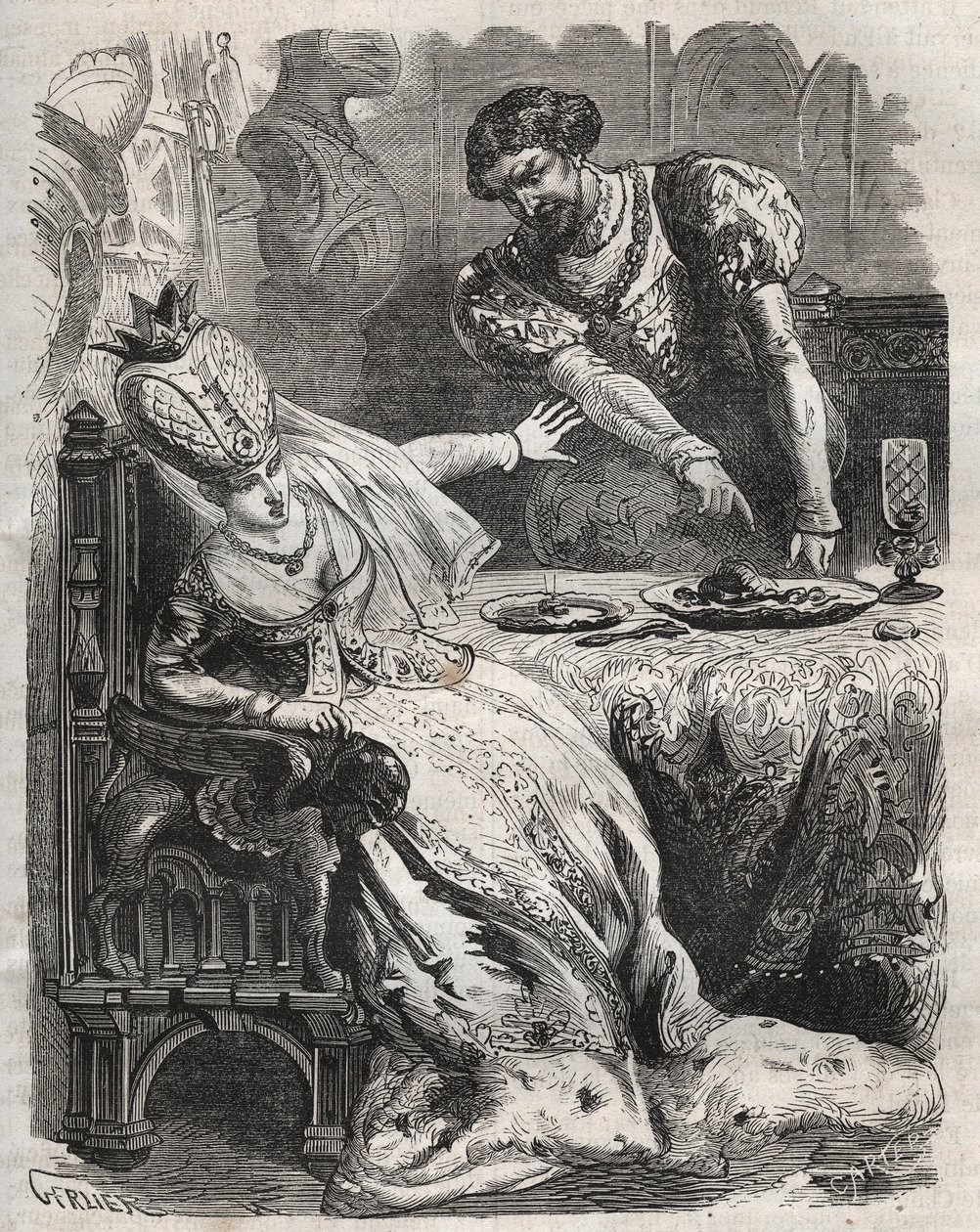 Para vengarse de la infidelidad de su esposa, Gabrielle de Vergy, Eudes de Fayel le hace comer sin su conocimiento el corazón de su amante, Raoul de Coucy. Escena de una leyenda del siglo XII según la cual Raoul I de Coucy (después de 1142-1191) pidió que de French School