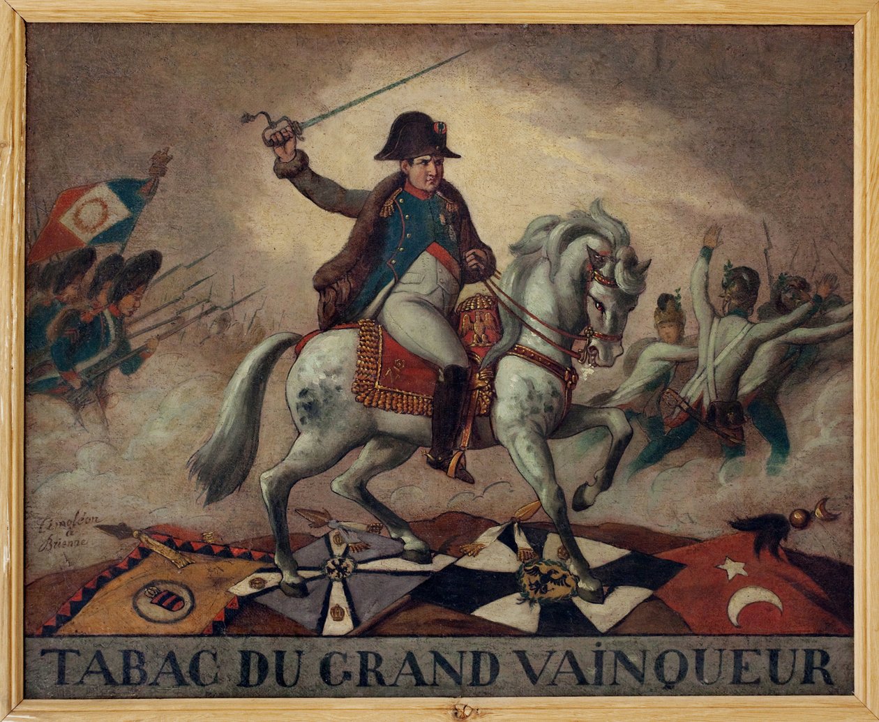 Al tabaco del gran ganador. (retrato ecuestre de Napoleón Bonaparte (1769-1821), liderando sus tropas a la batalla. En el reverso del lienzo un cuarteto: “El éxito de sus negocios,/Sus victorias en cien combates,/No tienen otros secretos/Una toma de de French School
