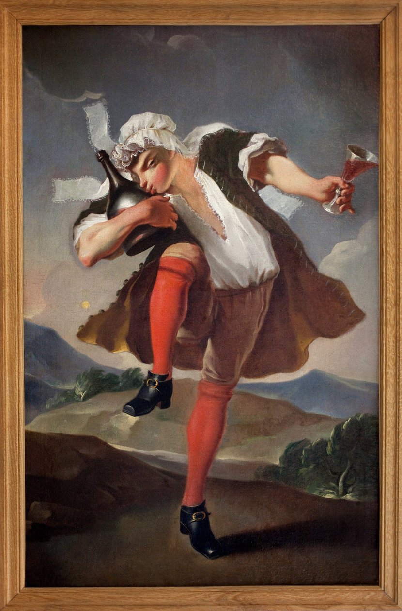 A los tres órdenes reunidos. Un hombre que representa al Clero, la Nobleza y el Tercer Estado sostiene una copa de vino tinto y besa una botella. Letrero pintado de comerciante de vinos. Pintura anónima, período revolucionario de French School