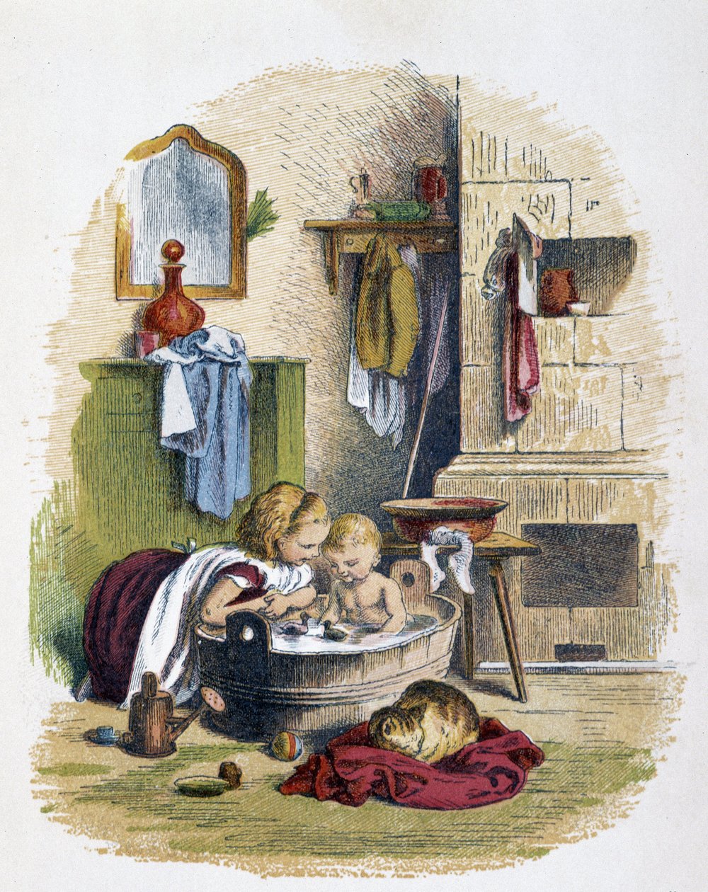 Aseo en "Schnik, schnak, bagatelas para los pequeños", juegos infantiles. ed. Londres- Georges Ronthedge y hijos. Nueva York, The broad way Ludgate s.f. c. 1890 de French School
