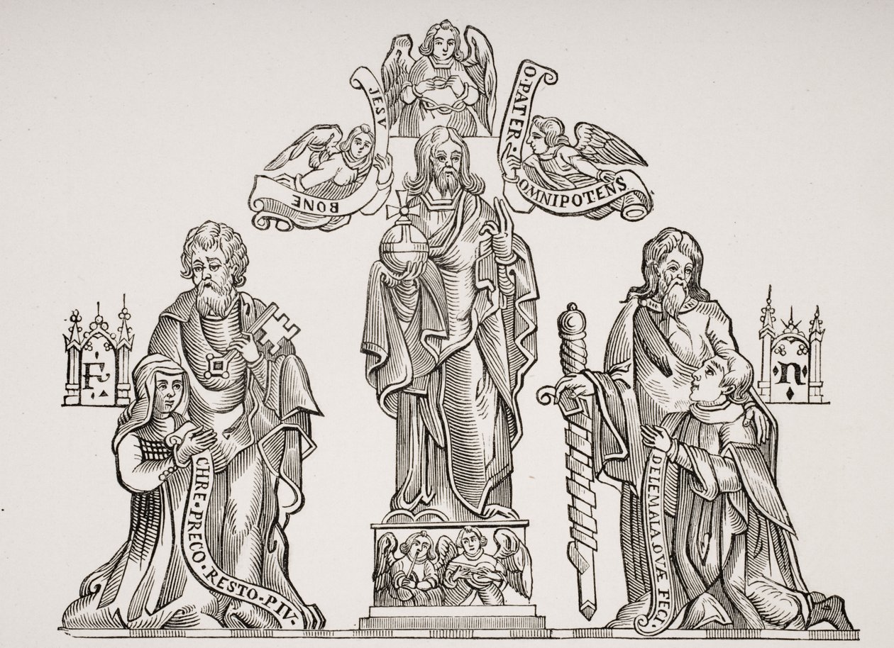 Decoración de tumba que muestra a Nicholas Flamel (c.1330-c.1418) y su esposa Pernelle, después de decoraciones en el Cementerio de los Inocentes, París, de Le Moyen Age et La Renaissance de Paul Lacroix (1806-84) de French School