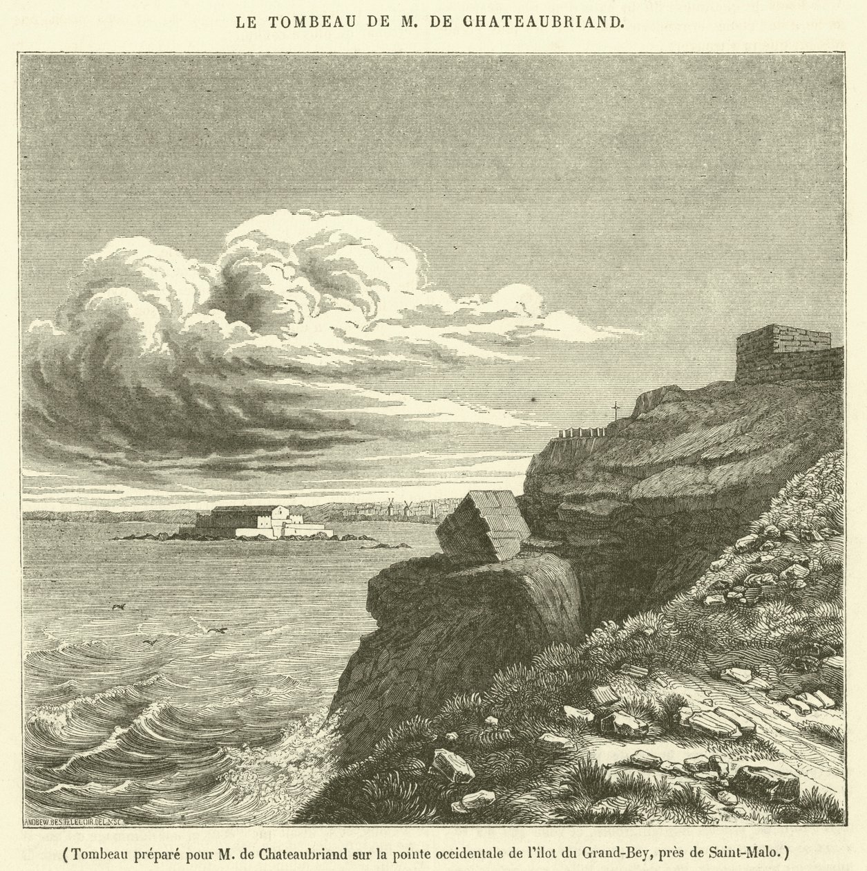 Tumba preparada para el Sr. de Chateaubriand en el extremo occidental de la isla de Grand-Bey, cerca de Saint-Malo (grabado) de French School