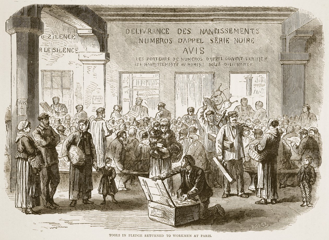 Herramientas en prenda devueltas a los trabajadores en París, ilustración de la Historia de la Guerra entre Francia y Alemania de Cassell, 1870-1871 de French School