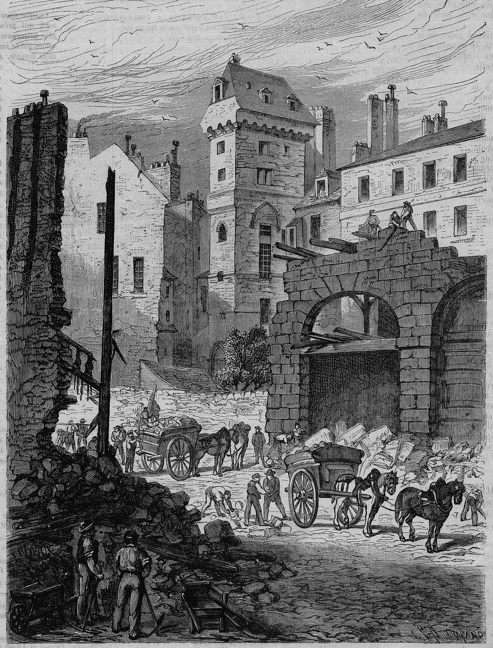 Torre Jean Sans Peur, último vestigio del Hôtel de Bourgogne, durante la perforación de la rue Etienne Marcel, París. Grabado de French School