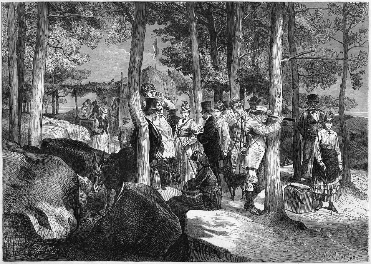 Turistas en las gargantas de Apremont, cerca de la entrada de la cueva, en el bosque de Fontainebleau de French School
