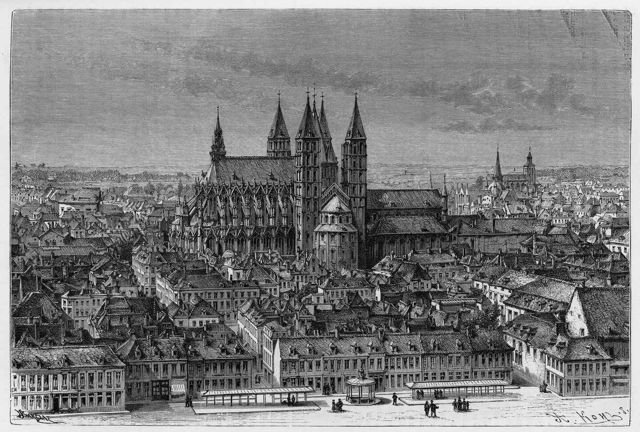 Tournai: vista exterior de Notre-Dame y panorama de la ciudad. Grabado por Barclay, para ilustrar la historia "Belgium", por Camille Lemonnier (1844-1913) escritor belga. Publicado en Le Tour du monde, nouveau journal des voyages, 2º semestre de French School