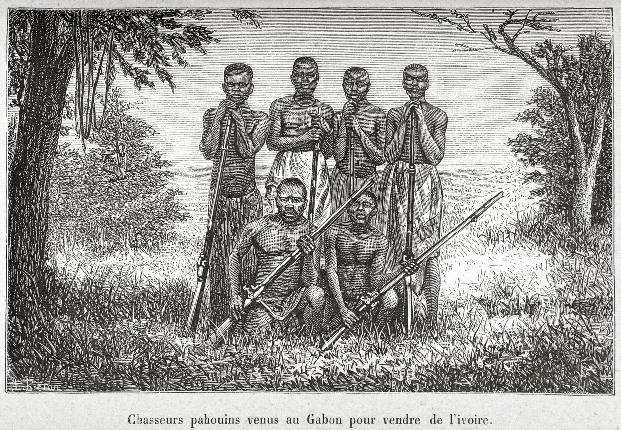 Traje tradicional de los pueblos indígenas de Gabón, ilustración de 