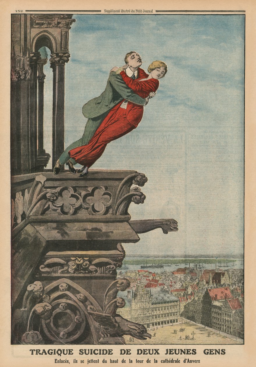 Trágico suicidio de dos jóvenes desde la torre de la catedral en Amberes, ilustración de la contraportada de 