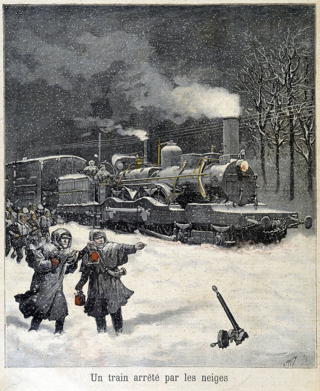 Tren obligado a detenerse por la nieve. Ilustración del periódico "Le Petit Parisien" de marzo de 1892 de French School