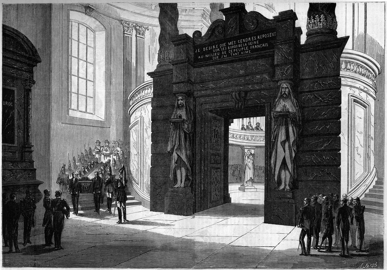 Traslado de las cenizas de Napoleón I (1769-1821) de la capilla de San Jerónimo a la tumba construida bajo la cúpula de los Inválidos. París, 2 de abril de 1861. Grabado en 