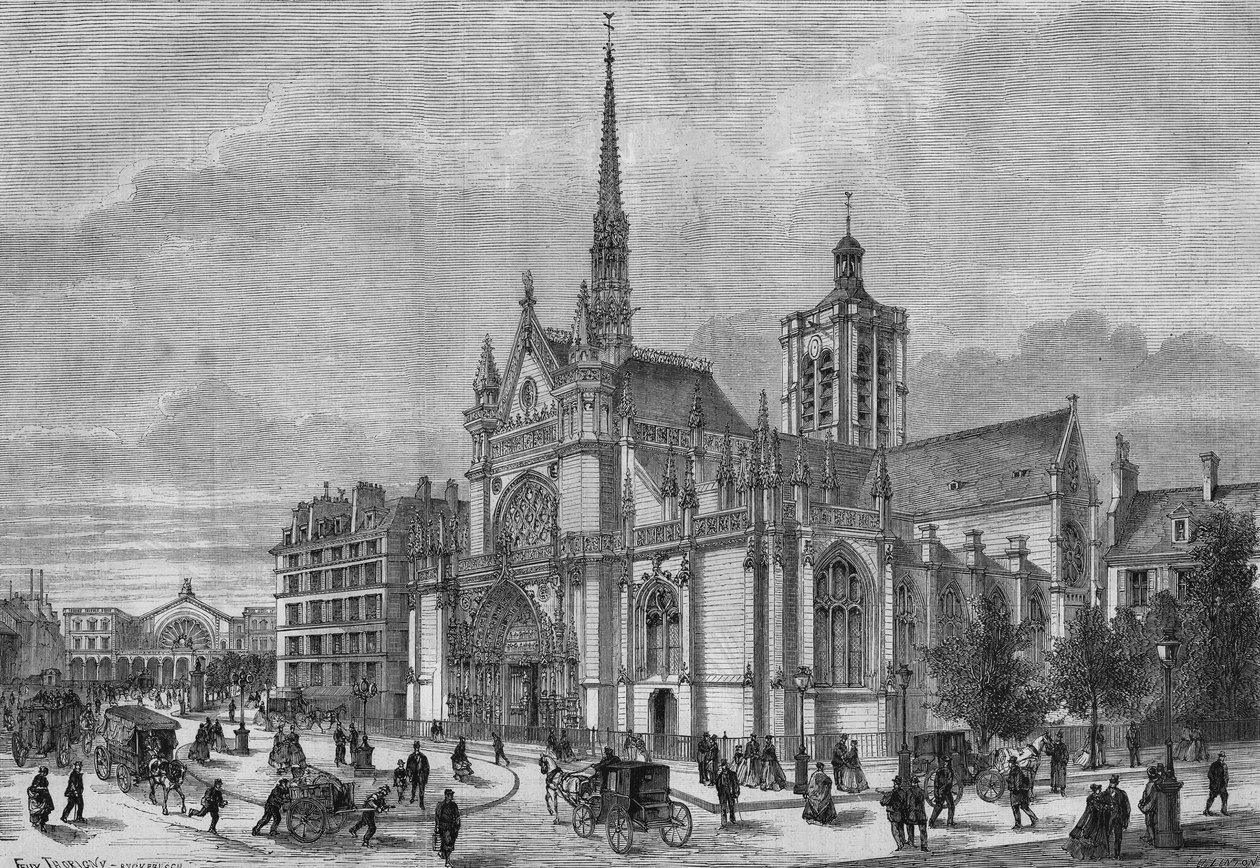 Transformaciones de París bajo el Segundo Imperio, París haussmanniano: vista de la nueva fachada neogótica de la iglesia Saint Laurent, bulevar de Estrasburgo, restaurada por el arquitecto Simon Claude Constant Dufeux (Constant-Dufeux) (1801-1870) de French School