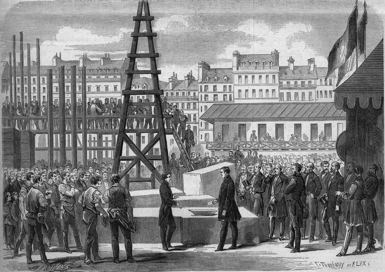 Transformaciones de París bajo el Segundo Imperio, Haussmann París: instalación de la primera del Opera Garnier por el Ministro de Estado Joseph Alexandre Colonna (1810-1868), Conde Walewski, en presencia del arquitecto Charles Garnier (1825-1898) de French School