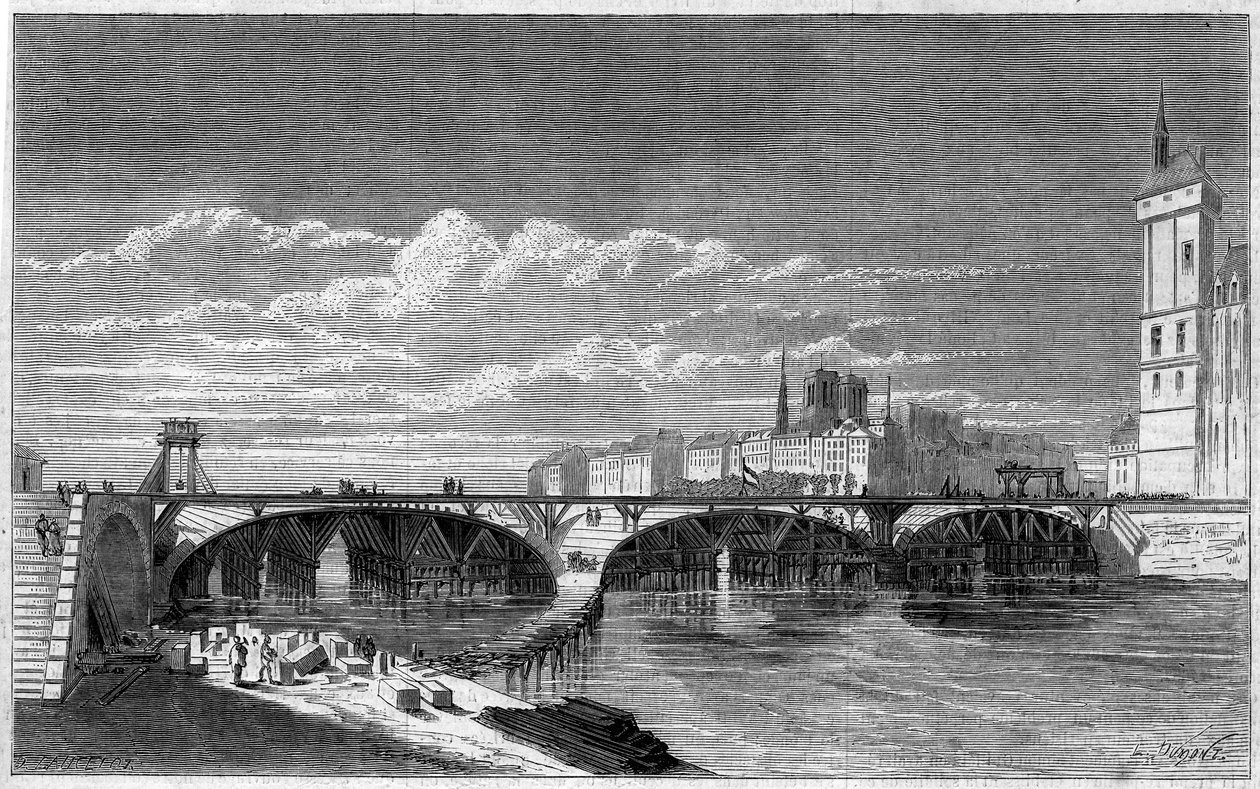 Transformaciones de París bajo el Segundo Imperio, Haussmann París: vista del Pont au Change durante su reconstrucción. Grabado en “Le Monde Illustré” n°169 del 7 de julio de 1860. de French School