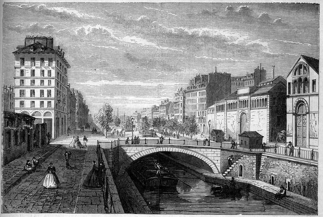 Transformaciones de París bajo el Segundo Imperio, París Haussmanniano: vista del bulevar Richard Lenoir establecido sobre la bóveda del Canal Saint Martin. Grabado en “Le Monde Illustré” n°233 del 28 de septiembre de French School