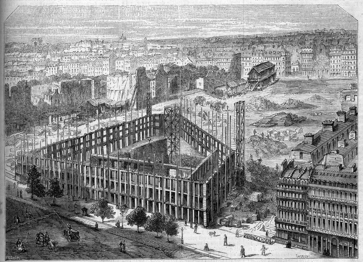 Transformaciones de París bajo el Segundo Imperio, París Haussmann: construcción del Hotel de la Paix y vista de la ubicación de la futura Ópera Garnier, entre las calles Neuve des Mathurins, la Chaussee d