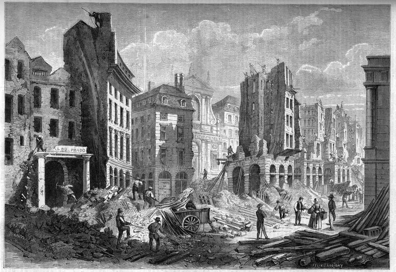 Transformaciones de París bajo el Segundo Imperio, París Haussmann: demolición de la Rue de la Barillerie para la apertura del Boulevard Sebastopol. Grabado en “Le Monde Illustré” n°126 del 10 de septiembre de 1859. de French School