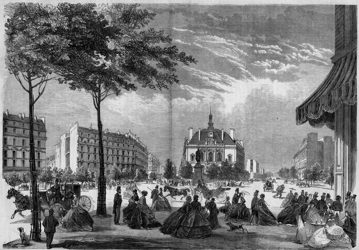 Transformaciones de París bajo el Segundo Imperio, París Haussmann: el nuevo ayuntamiento del XI distrito en París. (Se puede ver el Boulevard Voltaire y la Avenida Parmentier). Grabado de 1865. de French School