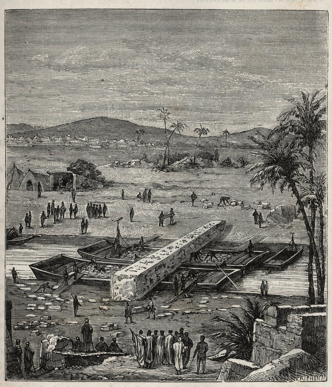 Transporte del obelisco de Ptolomeo Filadelfo (Ptolemaios Filadelfos) (Ptolomeo II) en el Nilo hacia Alejandría - Grabado en Ciencias al alcance de todos - Física y química popular por Alexis Clerc - Finales del siglo XIX - Colección privada de French School
