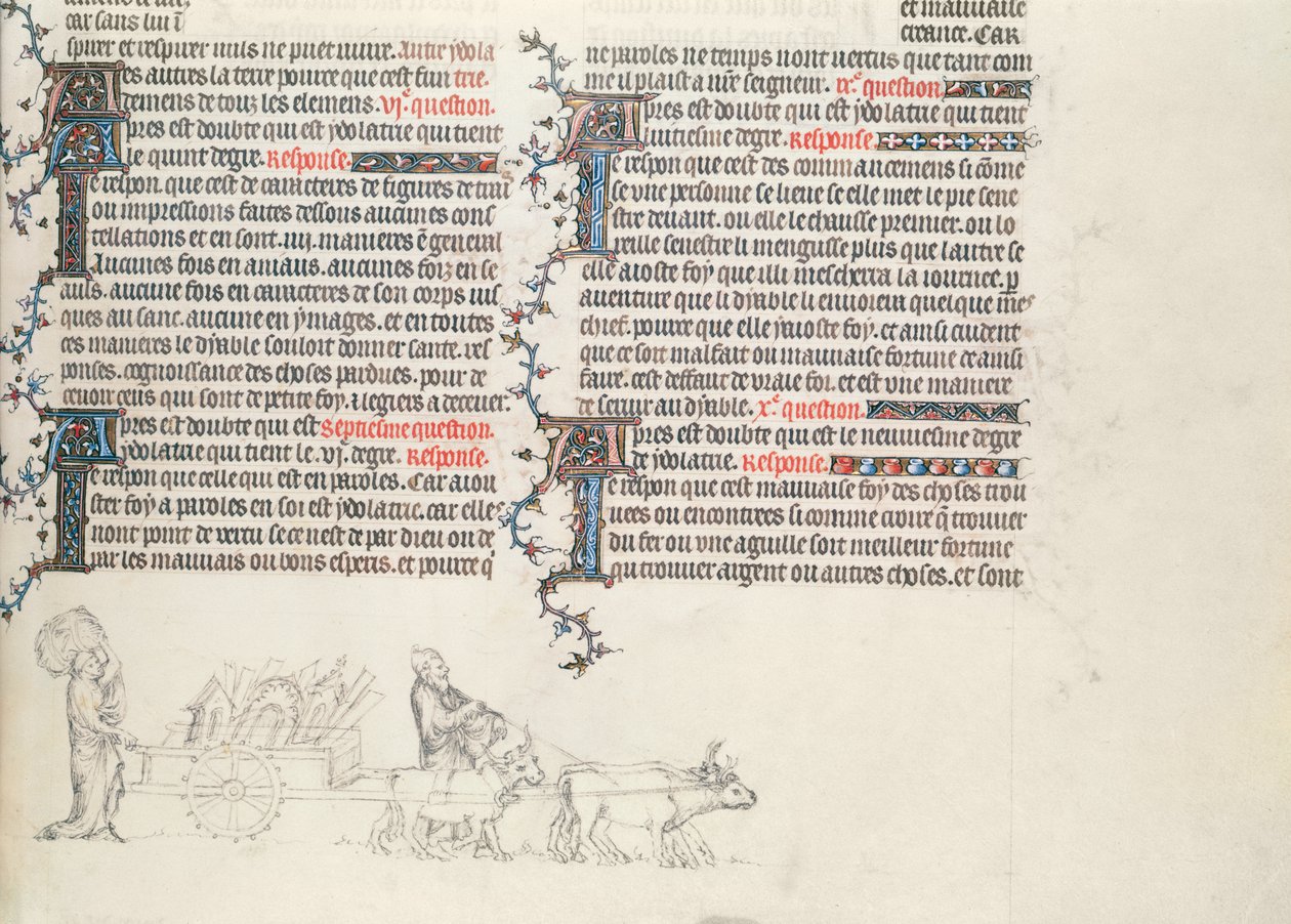 Transporte de pertenencias en un carro tirado por bueyes, miniatura inacabada de La Biblia de Jean de Sy, c.1355 de French School