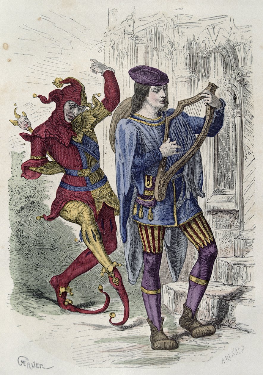 Músico ambulante y bufón de la corte bailando de French School