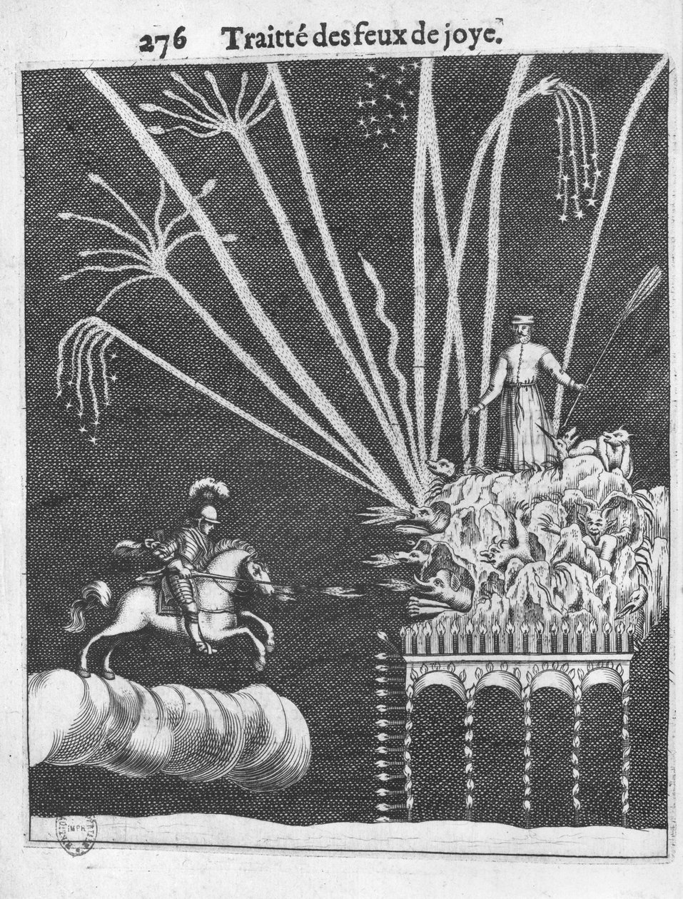 Tratado de Hogueras, ilustración de Pratique de la Guerre de Francois Malthus, París, 1656 de French School