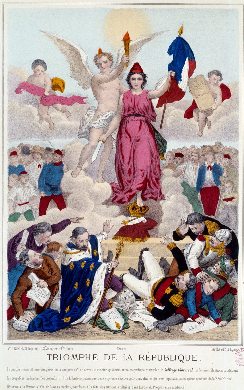 Triunfo de la república, grabado de 1875. Alegoría sobre el sufragio universal que destruye a los enemigos de la república: "[...] Pero Francia está al abrigo de su conspiración, caminando a la cabeza de las naciones civilizadas por la senda del progreso y de French School