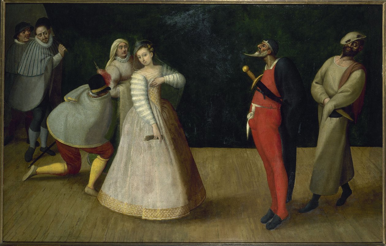 Troupe de cómicos italianos (¿los Gelosi), hacia 1580 (óleo) de French School