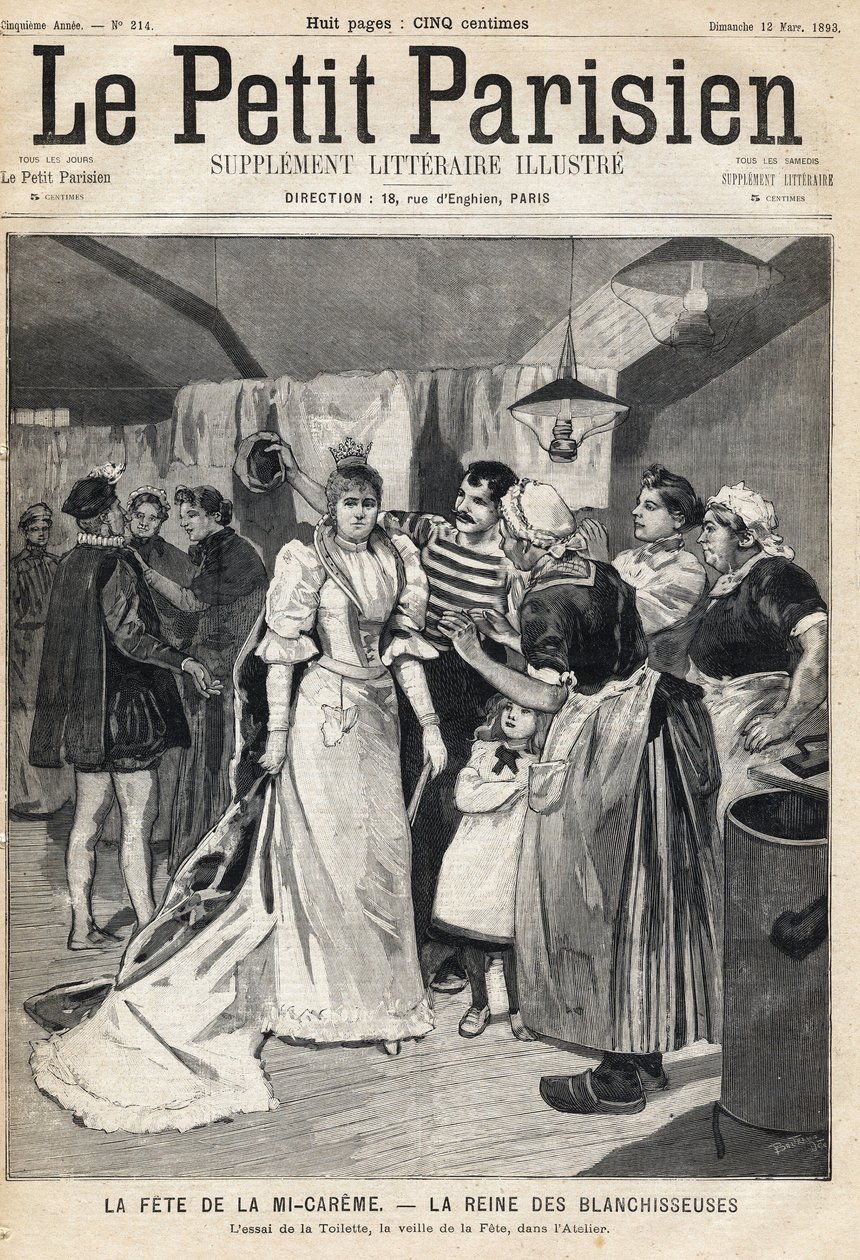 Prueba del vestido en el taller en la víspera de la Fiesta de Mi-Careme: la reina de los blanqueadores. Uno del periódico "Le Petit Parisien" el 12/03/1893 (grabado) de French School